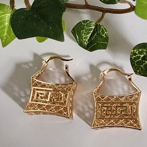 Gold Filled Mesh Basket Hoop Earrings Greek Key New